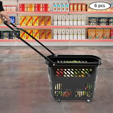 6PCS Blue Shopping Carts w/Wheels and Handle Plastic Rolling Shopping Basket 35L picture