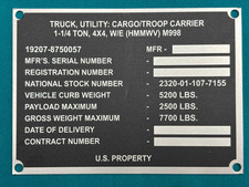 HMMWV Military Data Plate M998 US Army USMC Humvee picture