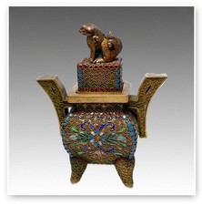 Japanese Meiji Cloisonne Miniature Covered Urn Gilt Wire Shishi Foo Dog 8cm picture