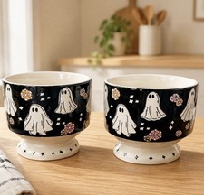 Potters Studio Black Ghost Halloween Footed Desert Bowl Set 2 NEW picture