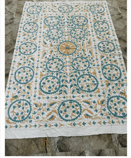 Vintage White Suzani Embroidered Textile Throw Wall Hanging Floral Boho Tapestry picture