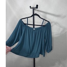 Old Navy Cold Shoulder Blouse Emerald Teal Green Rayon Crochet Trim Top Large picture