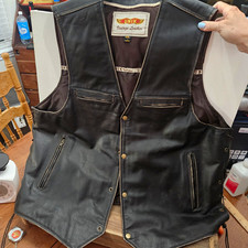 VTG UNIK Distressed Black Leather Motorcycle Vest Mens 4XL CCW Side Lace Biker picture