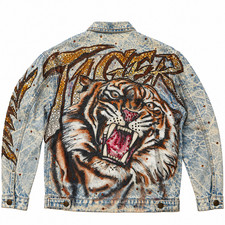 Vintage 80s Tony Alamo Tiger Rhinestone Acid Wash Denim Jacket Large picture