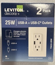 Leviton T5633-2BW 15A/120V  Duplex Outlet w 25W USB-A + USB-C  Color WHT-2 Pack picture