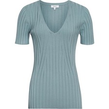 Reiss Aster Light Blue Wide Ribbed V Neck Knit Top Size M Short Sleeve Luxury picture