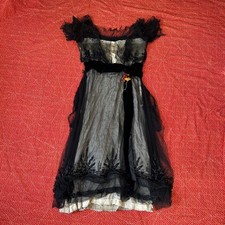 Antique Edwardian 1910 Black silk lace and velvet Tulle Sequin Dress floral belt picture