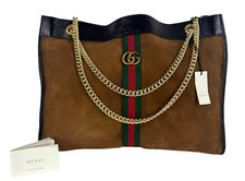 $3200 Gucci Auth Brown Black Web Rajah Tote Bag GG Suede Leather Runway Auth picture