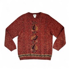 Koret Vintage M Speckled Maroon Mustard Fall Leaf Embroidered Knit Sweater picture