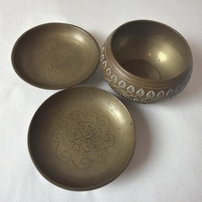 Vintage Etched Brass India Painted Coaster Trinket Tray Footed Bowl Lot of 3 picture