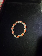 Vintage 995 Fine Silver Natural Carnelian Red Agate Cabochon Link Bracelet 7.5