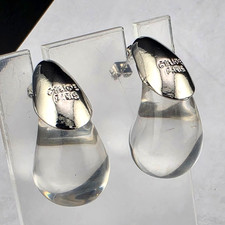 😍Vintage Signed Celine Paris Clear Lucite Silver Plate Hoop Pierced Earrings picture