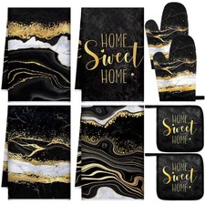 Leinuosen 8 Pcs Black and Gold Marble Kitchen Towels and Dishcloths Sets Oven Mi picture