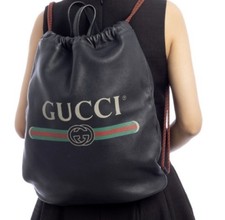 Gucci Gg Logo Black Leather Drawstring Backpack Knapsack With Matching Pouch picture
