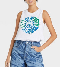 Modern Lux Tank Top Women's Size XL White Let's Give Earth A Chance Graphic picture