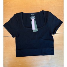 Wild Fable Womens Black Seamless Ribbed Square Neck Short Sleeve Crop Top Small picture