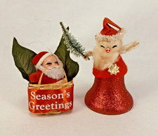 Vintage MCM Santa Ornaments Kitsch Plastic Face Flocked Bell Pipe Cleaner Cotton picture