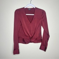 Express Womens Size XS Red Satin Twist Front Long Sleeve V-Neck Top Lightweight picture