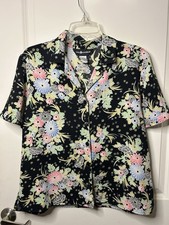 Sag Harbor VTG Women’s Black Floral Button Down Short Sleeve Blouse Size 14 picture