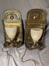 Pair Vintage Ornate Brass Wall Sconces Spanish Revival Frosted Glass Shades picture