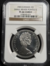 1965 Canada $1 Silver Dollar NGC PL66 CAMEO Small Beads Pointed 5 Silver picture