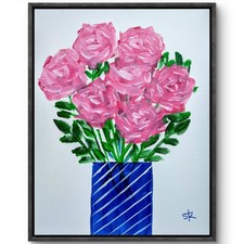 Original Acrylic 14x11 Impressionist Pink Roses Blue Vase Painting Signed Canvas picture