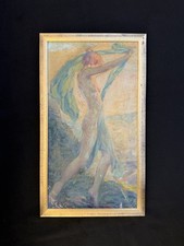 Antique 1890s French Oil Painting Female Nude Bather Symbolist Seascape picture