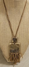 VINTAGE RARE CHICO'S HAMMERED BRASS LEATHER FRINGE BOHEMIAN ARTSY NECKLACE picture