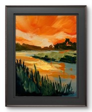 R Stevens Original 9x12 Expressionist Orange Sunset Marsh Landscape Painting picture