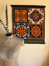 60’s-70’s Vtg Needlepoint Wall Hanging Geometric Folk Art Tapestry Fringe picture