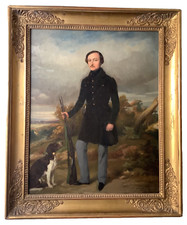 Antique French Oil Painting Portrait Hunter with Dog 1839 Signed Suan Framed picture