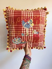 Vintage Handmade Folk Art Pillow Applique Embroidery Pom Pom Cottage 15x15 Boho picture