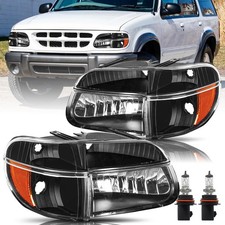95-01 Ford Explorer/97 Mercury Mountaineer Headlights Black Amber w/Bulbs picture