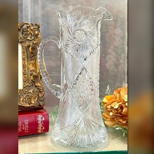 Yasemin Cut Crystal Champagne Pitcher Signed Turkish Art Glass Vase picture