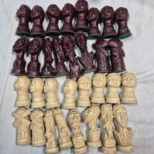 Vtg Don Quixote Figural Chessmen Set 32 Pieces Brown Cream Windmill -3 damaged picture