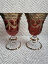Vintage Luxury Interglass Italy Ruby Red Crystal Wine Goblet Hand Blown 24K Gold picture