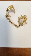 Vintage Karl Lagerfeld Signed Celestial Brooch Set Sun Moon Pearl Gold Pin picture