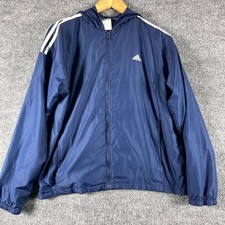 Vtg Adidas Jacket Mens XL Blue Three Stripe Hooded Full Zip Y2K Windbreaker picture