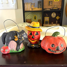 3pc vintage Hand Painted Papier Mache Halloween Black Cat Jack-o'-lantern picture