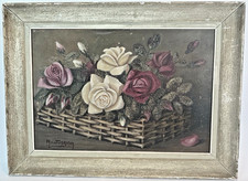 1890 French Oil Painting Roses Floral Basket Still Life Signed Montvernay Framed picture