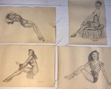 1940s Boudoir Glamour Girl Pencil Drawings Signed 4piece Series picture