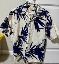 VTG 60s 70s Iolani Hawaii Barkcloth Hawaiian Shirt Men’s L Cream Blue Palm Leaf picture