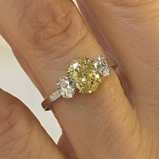 1.74Ct Oval Cut Lab Grown Fancy Vivid Yellow Diamond Three Stone Ring 14K Gold picture