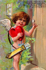 Vintage 1909 Valentine Postcard Fantasy Cupid Someone's A Knocking Let Him In picture