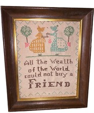 Vintage Framed Cross Stitch Friendship Wall Art / Friendship Needle Point picture
