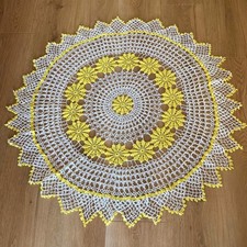 Vintage Crochet Tablecloth 43” Round Yellow White 3D Floral Lace Handmade picture