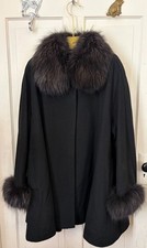 HENIG FURS 3X Black Cashmere SWING COAT Genuine Finland Raccoon Fur Collar Cuffs picture