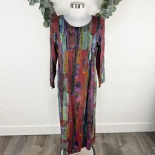 90s Passports Pier One Sheath Dress M Abstract Print Rayon Midi Modest Pleats picture