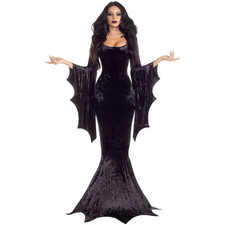 Witchy Costume Morticia Addams Long Train Dress Halloween Terror Dark Outfit Got picture