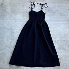H&M Black Smocked A-Line Midi Dress Womens XS Stretch Tie Strap Capsule Wardrobe picture